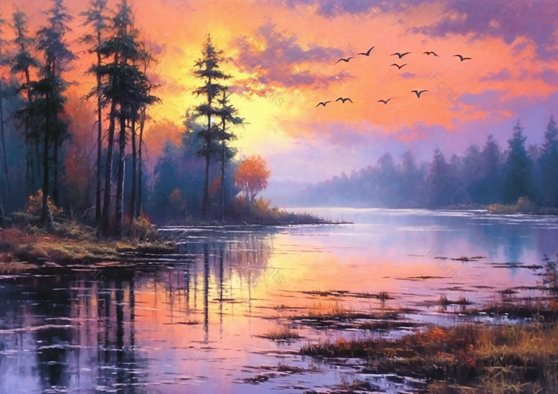 日落平静湖面上写实风景手绘插画图,插画/手绘图,插画/手绘图库,插画/手绘图下载,插画/手绘